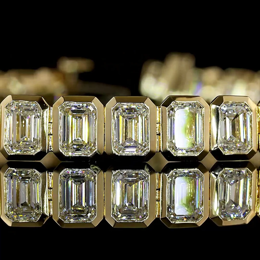 14K Yellow Gold Tennis Bracelet with Bezel Set Emerald Cut Lab Diamonds - 10.45 Carat Total Weight, E-F Color, VS1 Clarity - Covaloro Fine Jewelry - Image 2