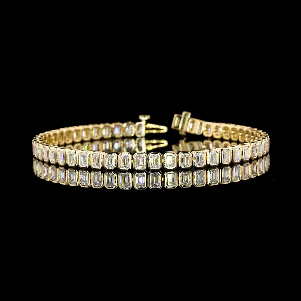 14K Yellow Gold Tennis Bracelet with Bezel Set Emerald Cut Lab Diamonds - 6.12 Carat Total Weight - Covaloro Fine Jewelry