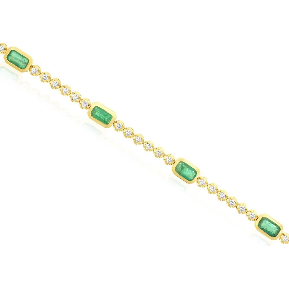 14K Yellow Gold Tennis Bracelet with Bezel-Set Emeralds and Round Diamonds - 2.77 Carat Total Gem Weight - Royal Jewelry