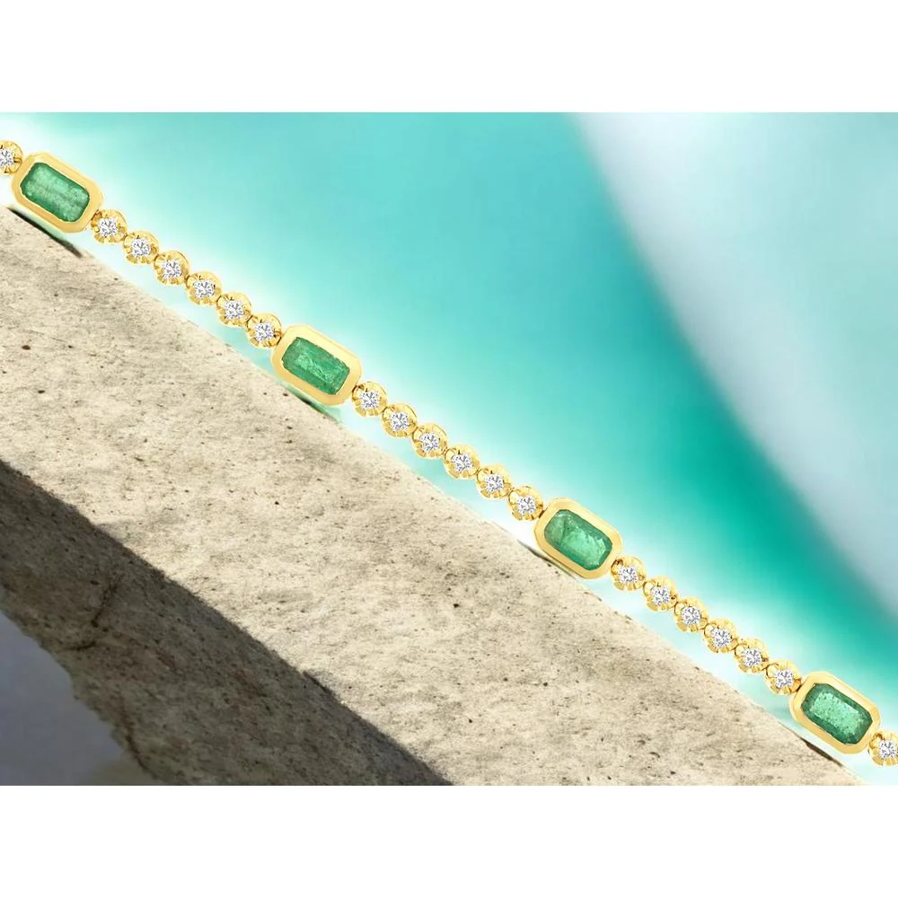 14K Yellow Gold Tennis Bracelet with Bezel-Set Emeralds and Round Diamonds - 2.77 Carat Total Gem Weight - Royal Jewelry - Image 2