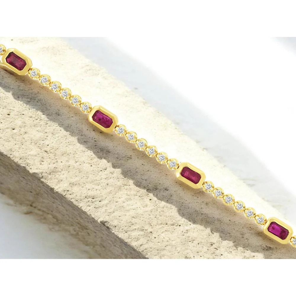 14K Yellow Gold Tennis Bracelet with Geometric Ruby Stations and Round Diamonds - 2.25 Carat Ruby & 0.77 Carat Total Diamond Weight - Royal Jewelry - Image 2