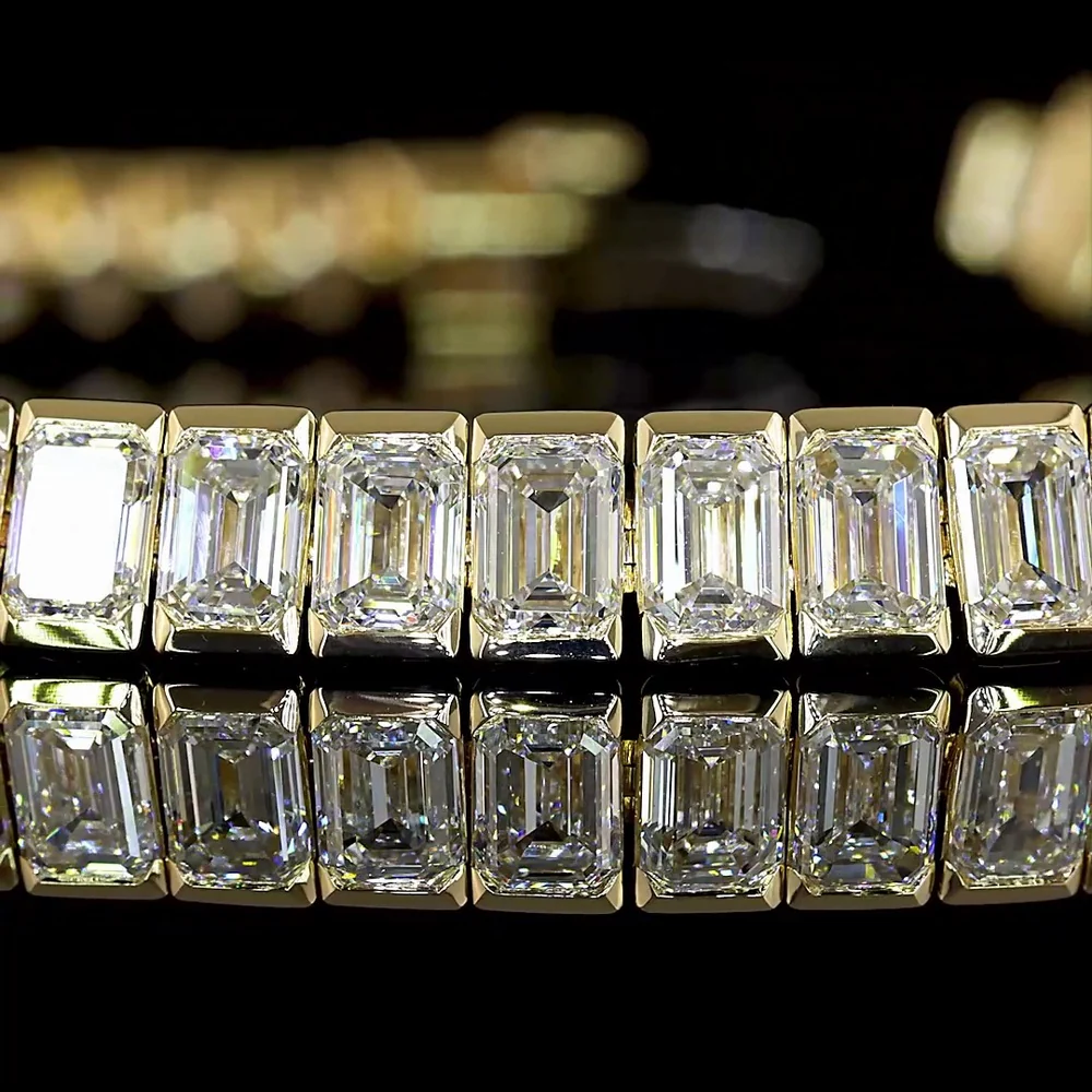 14K Yellow Gold Tennis Bracelet with Half Bezel Set Emerald Cut Lab Diamonds - 11.86 Carat Total Weight, 60 Stones E VS1 Quality - Covaloro Fine Jewelry - Image 2