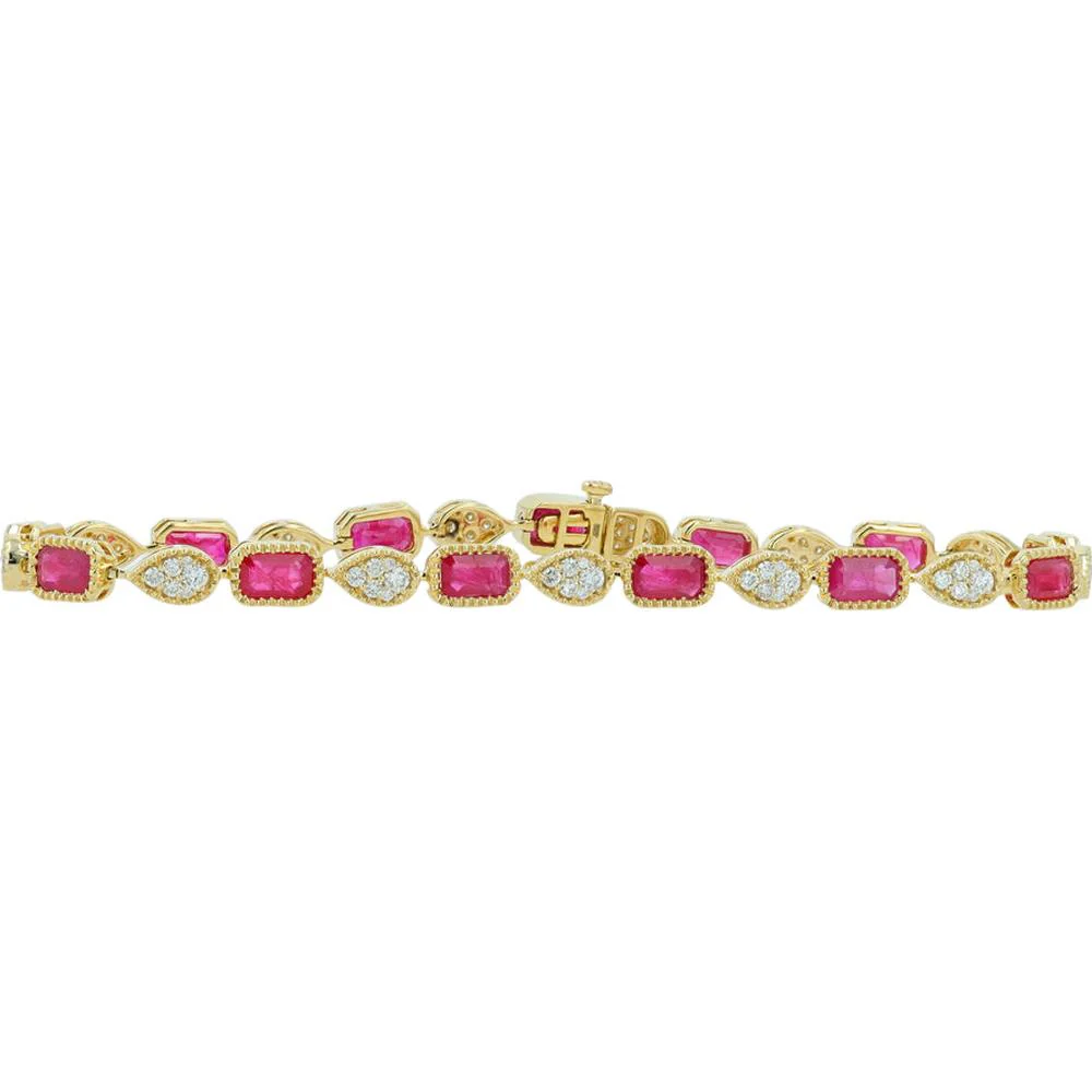 14K Yellow Gold Tennis Bracelet with Ruby and Diamond Accents - 4.65 Carat Ruby, 0.85 Carat Total Diamond Weight