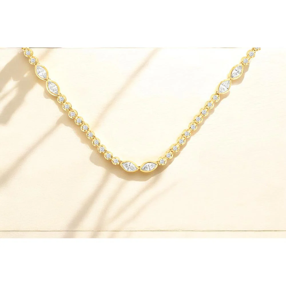 14K Yellow Gold Tennis Necklace with Bezel Set Round and Marquise Cut Diamonds - 3.1 Carat Total Diamond Weight - Royal Jewelry - Image 2
