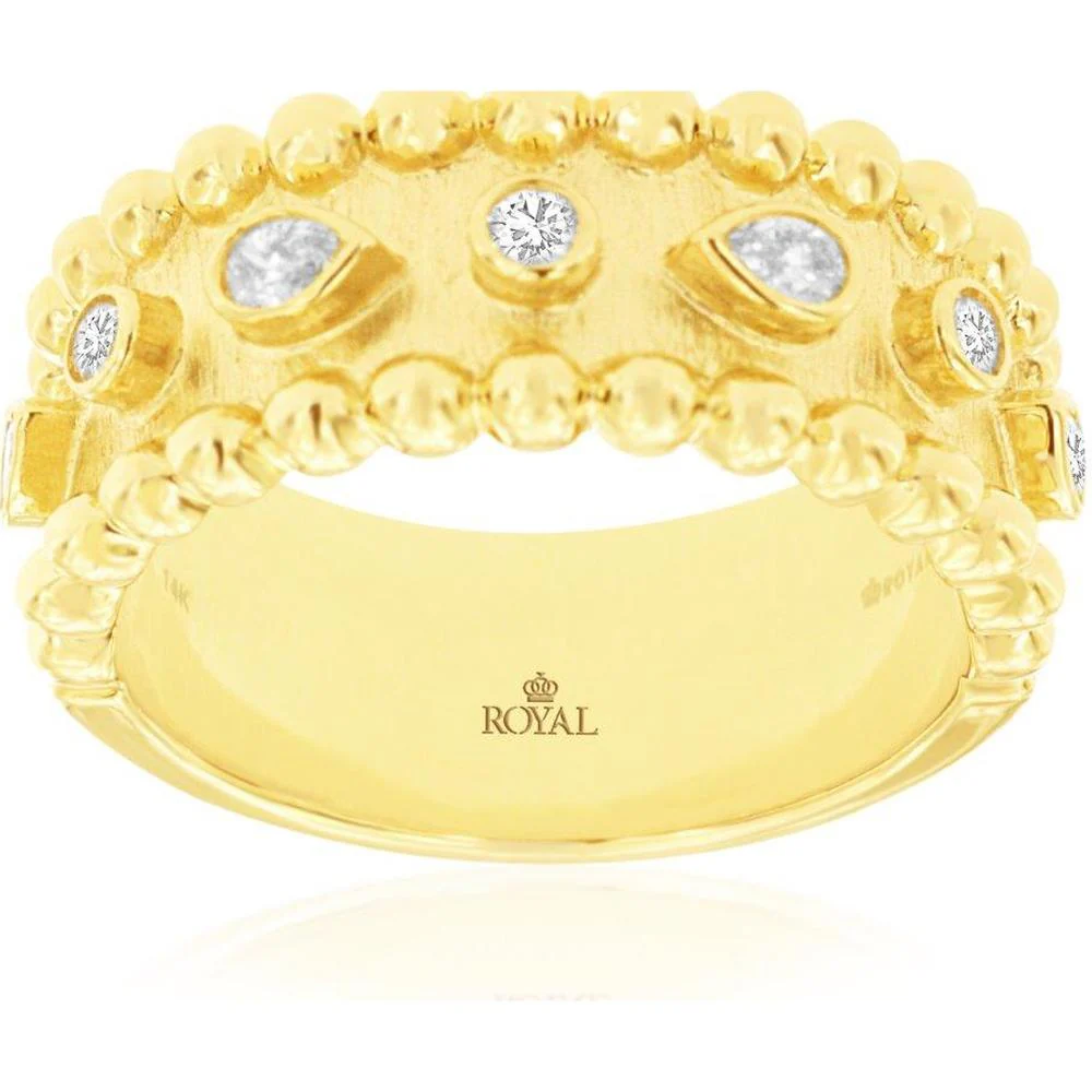 14K Yellow Gold Textured Beaded Band Ring with Round and Pear-Shaped Diamonds - 0.28 Carat Total Diamond Weight - Royal Jewelry