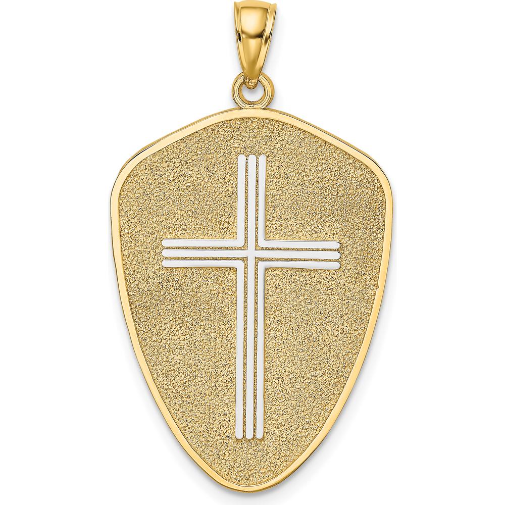14K Yellow Gold Textured Shield Cross Pendant with Joshua 1:9 Engraving - Faith-Inspired Charm by Oro Pregiato