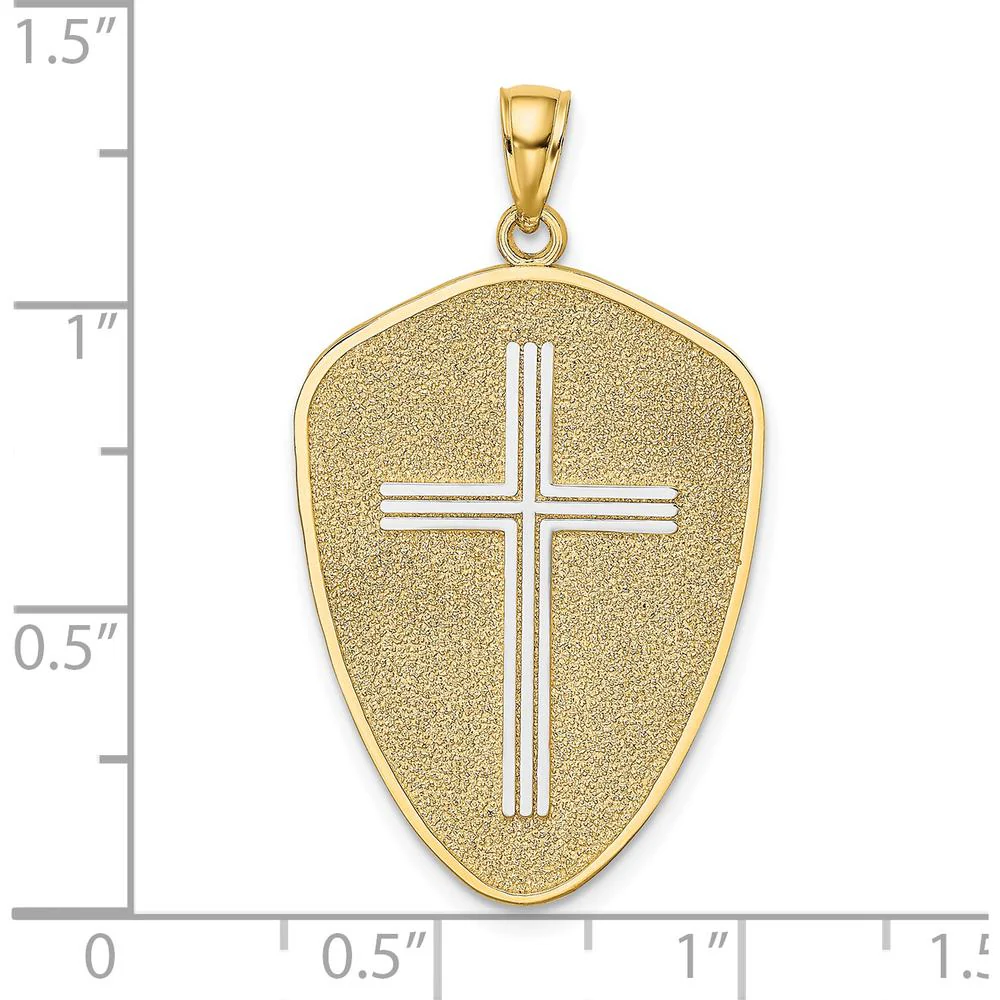 14K Yellow Gold Textured Shield Cross Pendant with Joshua 1:9 Engraving - Faith-Inspired Charm by Oro Pregiato - Image 3