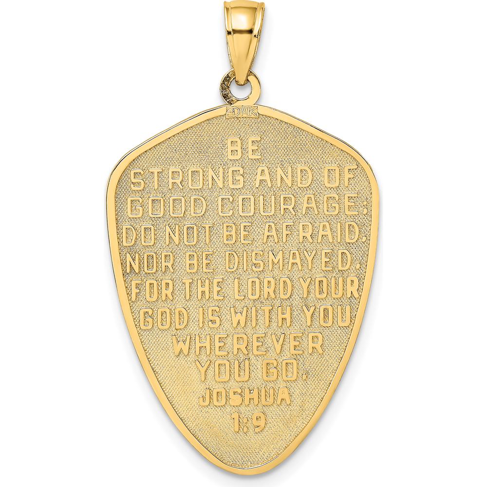 14K Yellow Gold Textured Shield Cross Pendant with Joshua 1:9 Engraving - Faith-Inspired Charm by Oro Pregiato - Image 4