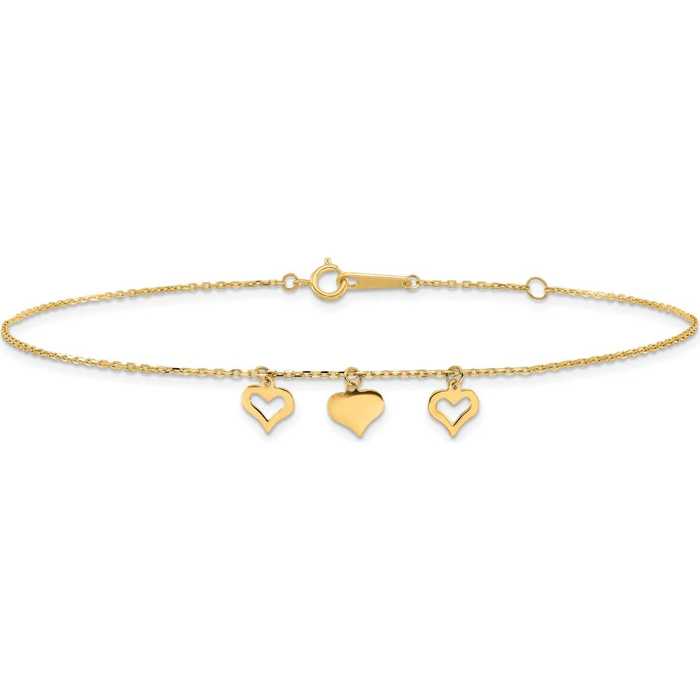 14K Yellow Gold Three Heart Dangle Anklet with Adjustable 10" Length and 1" Extender by Oro Pregiato - Image 3