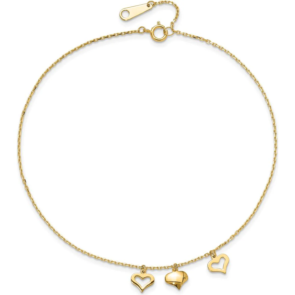 14K Yellow Gold Three Heart Dangle Anklet with Adjustable 10" Length and 1" Extender by Oro Pregiato - Image 4