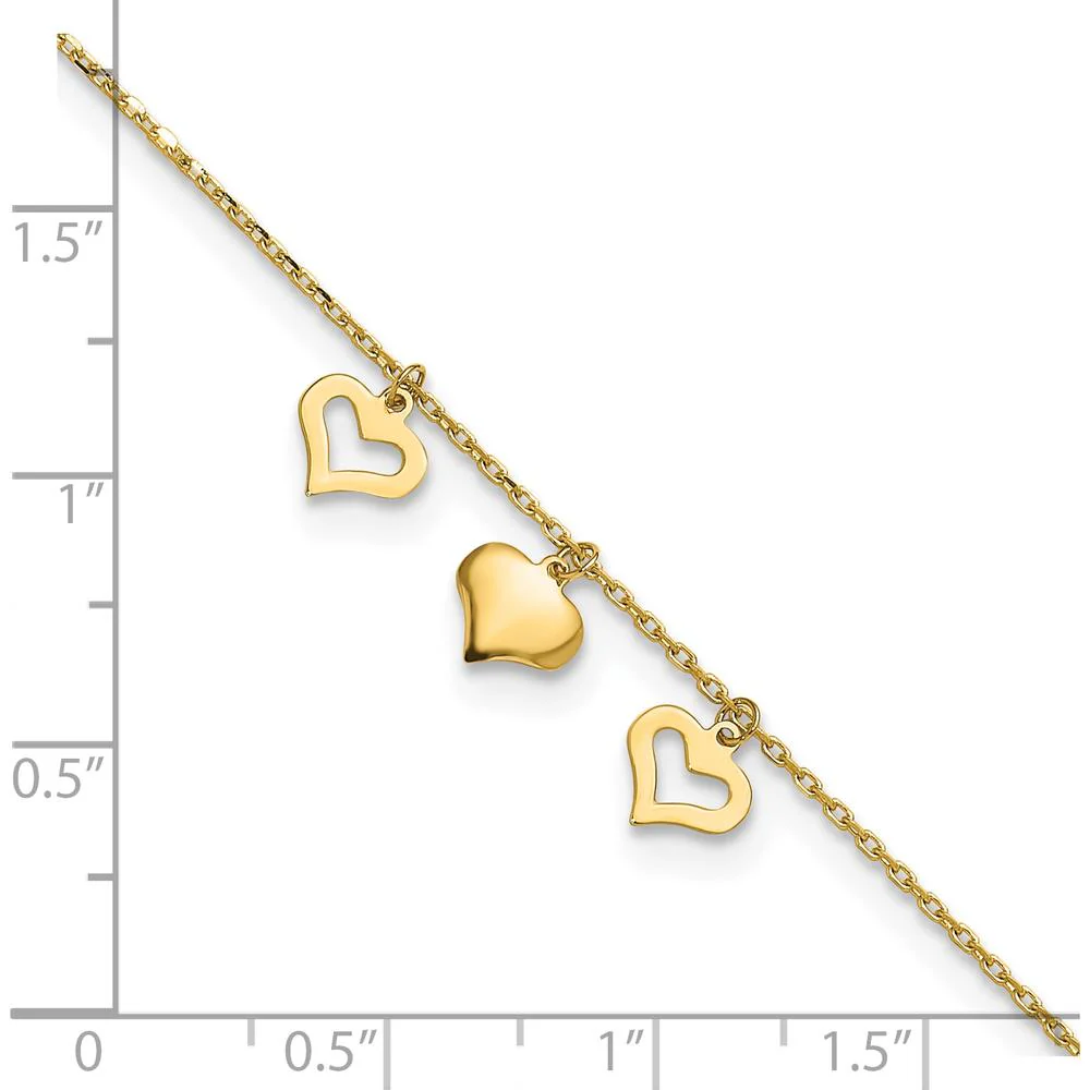 14K Yellow Gold Three Heart Dangle Anklet with Adjustable 10" Length and 1" Extender by Oro Pregiato - Image 5