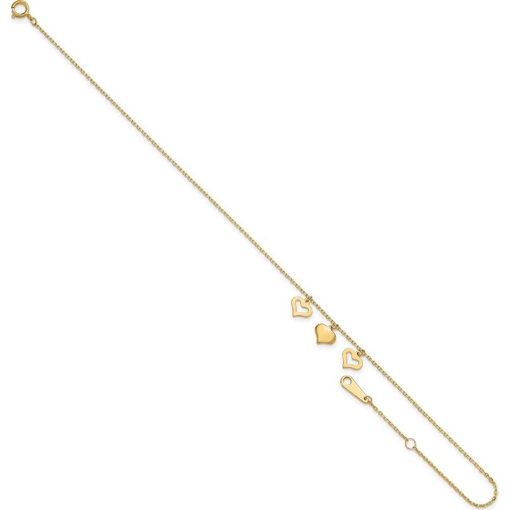 14K Yellow Gold Three Heart Dangle Anklet with Adjustable 10" Length and 1" Extender by Oro Pregiato - Image 7