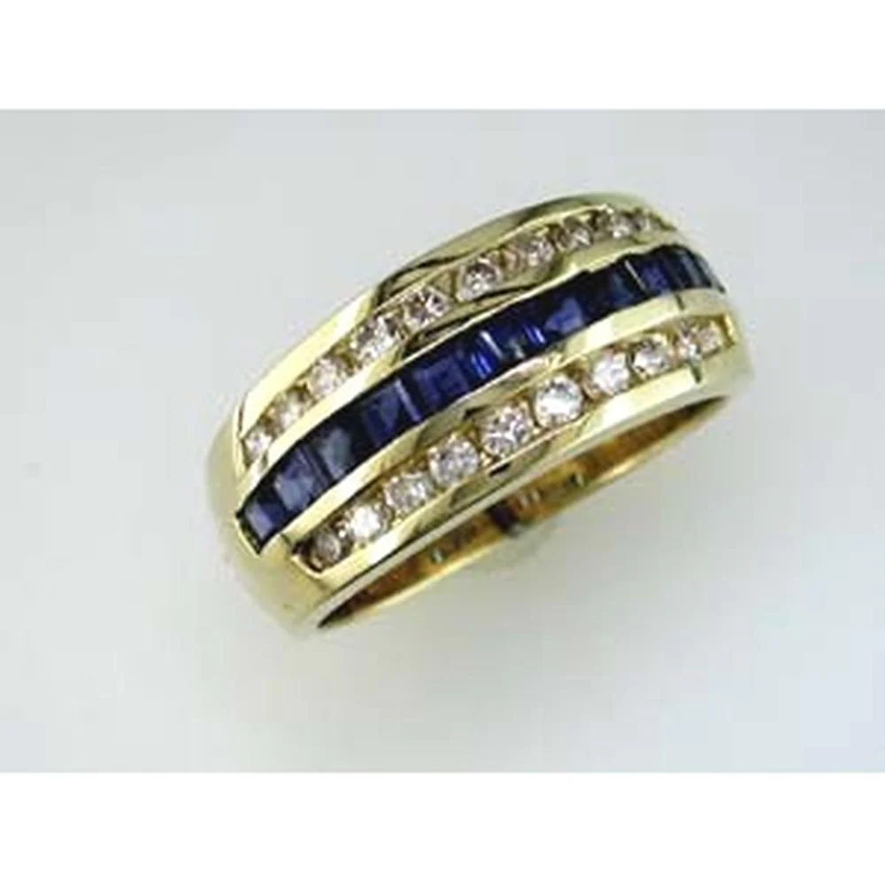 14K Yellow Gold Three-Row Band with Princess Cut Sapphires and Round Diamonds - 1.25 Carat Sapphire Total Weight, 0.52 Carat Diamond Total Weight - Royal Jewelry