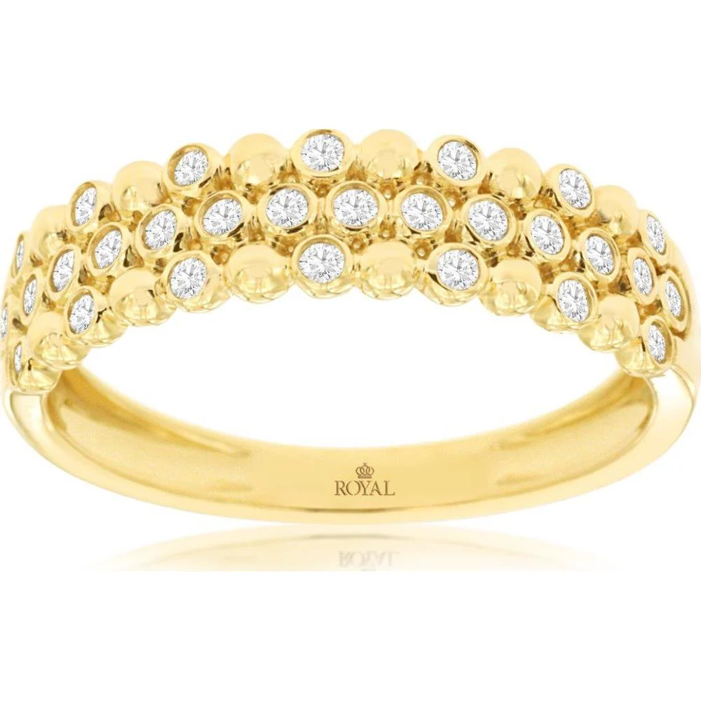 14K Yellow Gold Three Row Bead-Set Round Diamond Wedding Band - 0.25 Carat Total Diamond Weight - Royal Jewelry