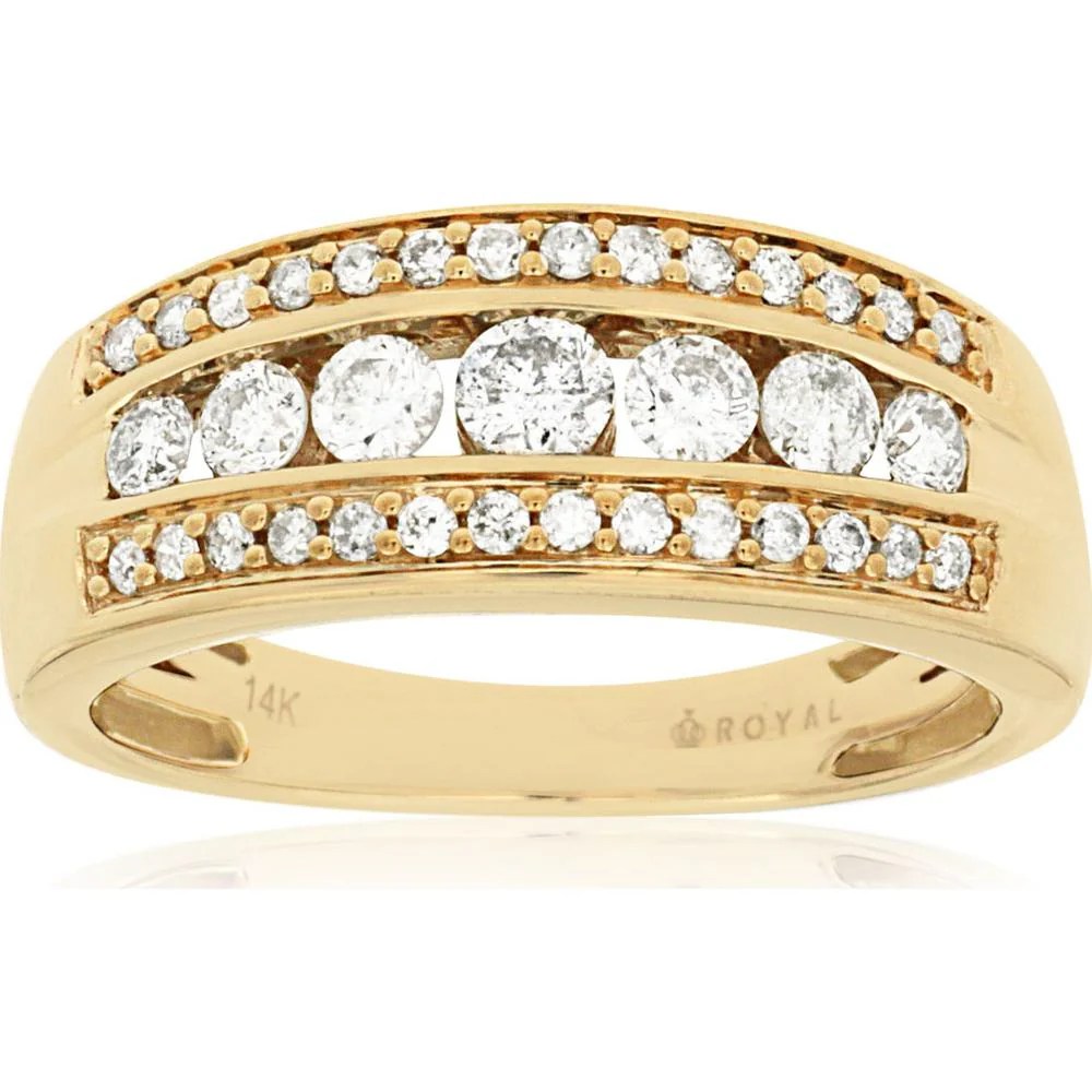 14K Yellow Gold Three-Row Diamond Band with Bar Set Round Brilliant and Milgrain Edge Detailing - 0.63 Carat Total Diamond Weight - Royal Jewelry