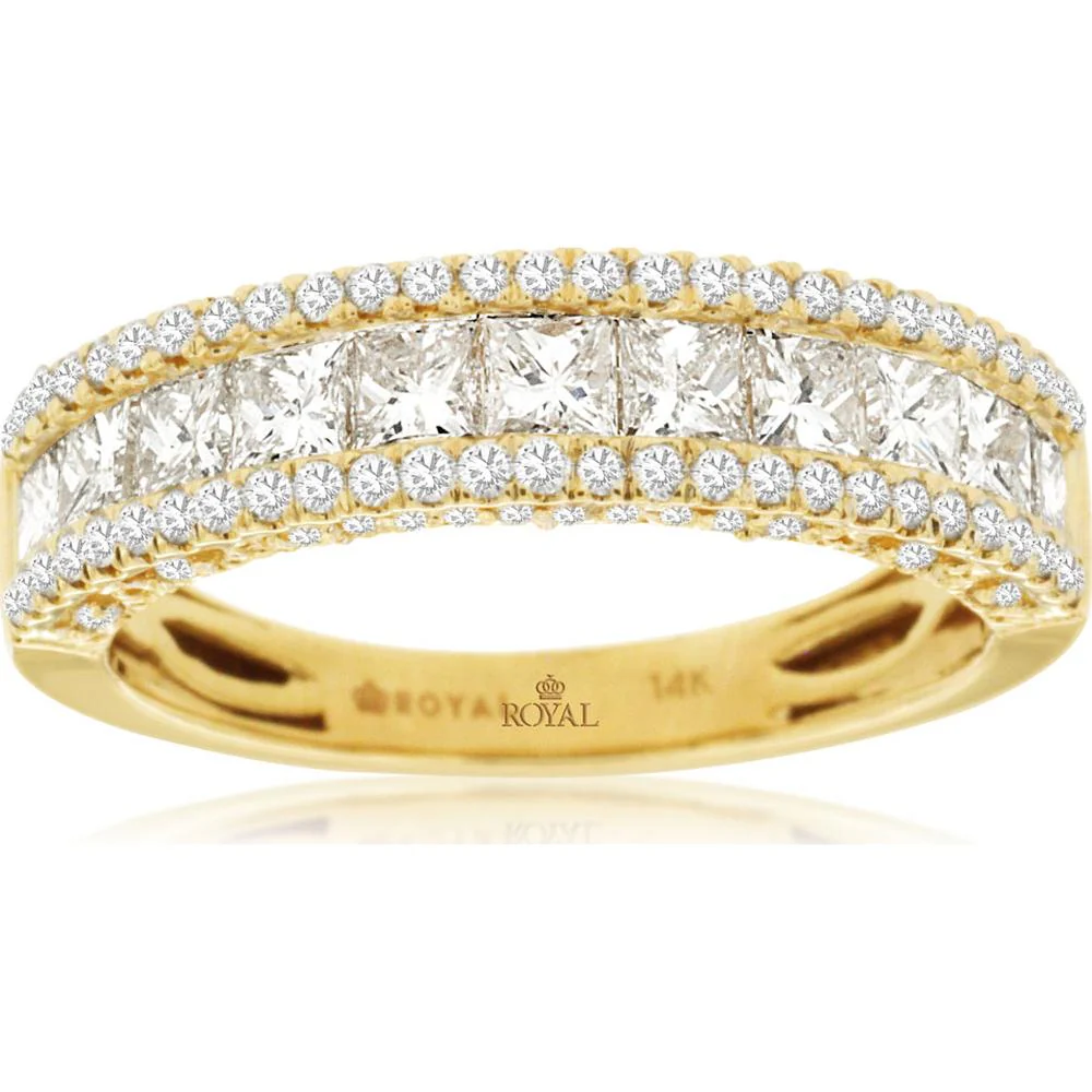 14K Yellow Gold Three Row Diamond Band with Princess Cut and Round Brilliant Diamonds - 1.27 Carat Total Weight - Royal Jewelry