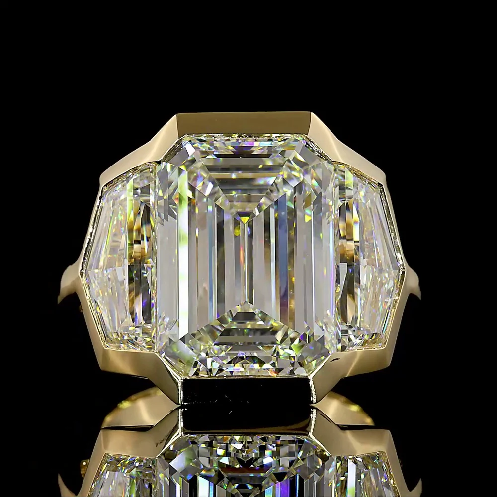 14K Yellow Gold Three Stone Bezel Set Emerald Cut Lab Diamond Ring - 13.86 Carat Total Weight with F VVS2 Center and Matching Side Stones - Covaloro Fine Jewelry - Image 2