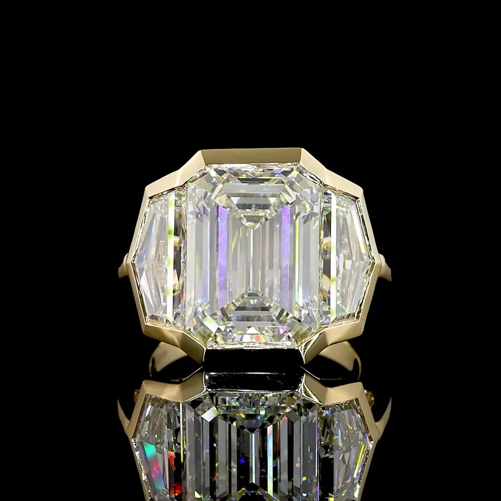 14K Yellow Gold Three-Stone Bezel Set Ring with Emerald Cut Lab Diamonds - 9.08 Carats Center, 12.22 Carats Total Diamond Weight - Covaloro Fine Jewelry