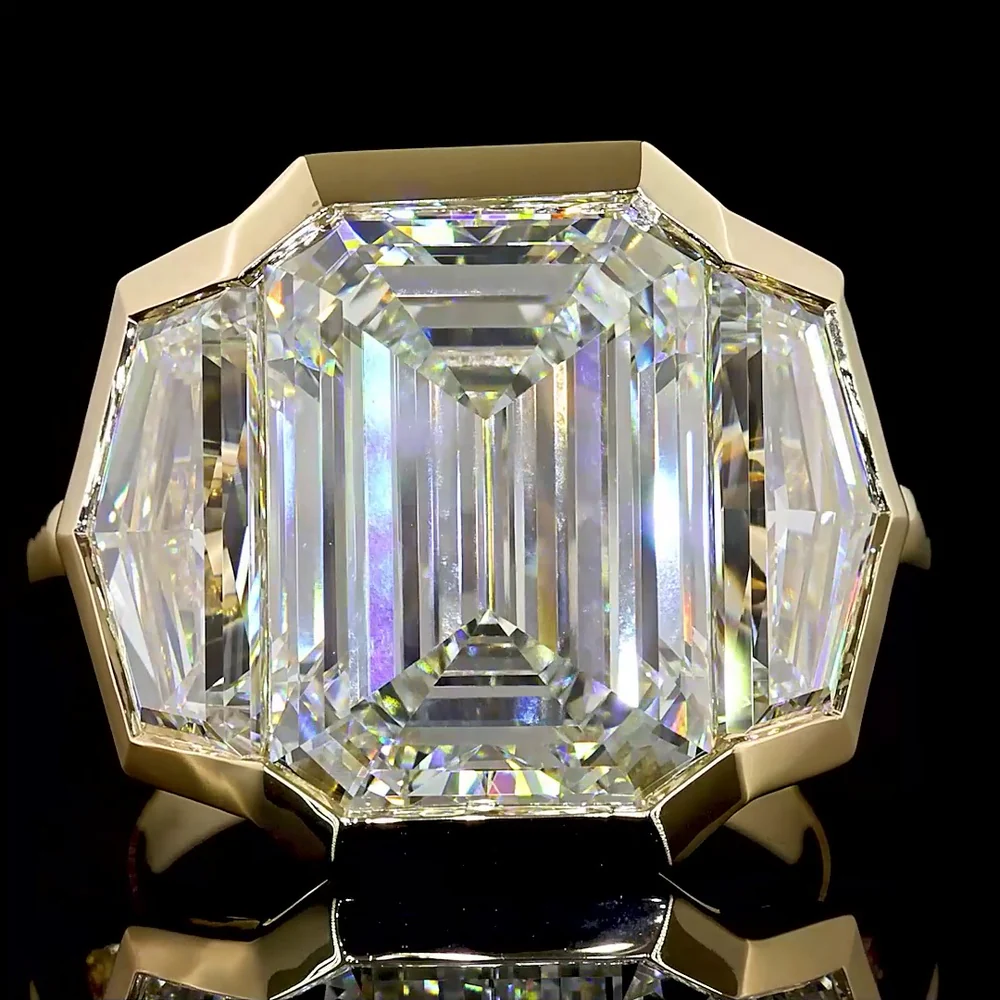 14K Yellow Gold Three-Stone Bezel Set Ring with Emerald Cut Lab Diamonds - 9.08 Carats Center, 12.22 Carats Total Diamond Weight - Covaloro Fine Jewelry - Image 2