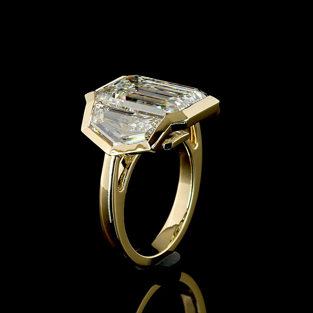 14K Yellow Gold Three-Stone Bezel Set Ring with Emerald Cut Lab Diamonds - 9.08 Carats Center, 12.22 Carats Total Diamond Weight - Covaloro Fine Jewelry - Image 4