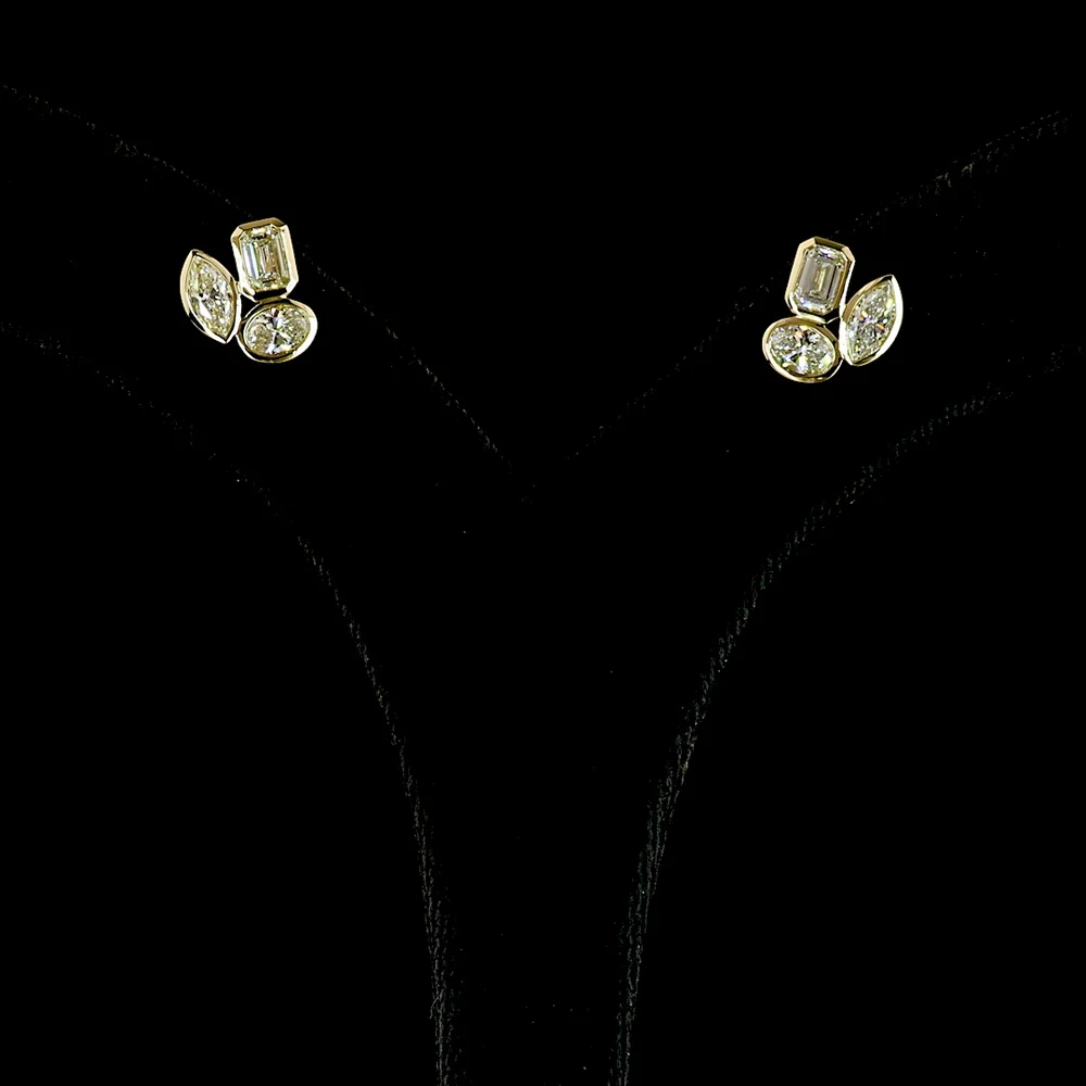 14K Yellow Gold Three-Stone Cluster Stud Earrings with Emerald, Marquise, and Oval Lab Diamonds - 1.50 Carats Total Diamond Weight - Covaloro Fine Jewelry