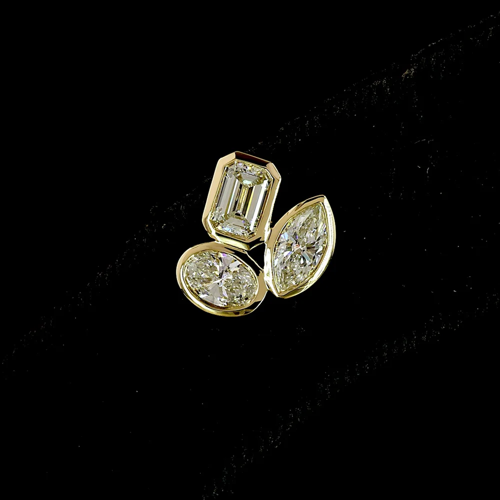 14K Yellow Gold Three-Stone Cluster Stud Earrings with Emerald, Marquise, and Oval Lab Diamonds - 1.50 Carats Total Diamond Weight - Covaloro Fine Jewelry - Image 2