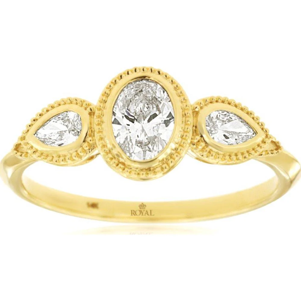 14K Yellow Gold Three Stone Engagement Ring with 0.60 Carat Oval Diamond and Milgrain Detail, Featuring Pear Shaped Side Diamonds - Royal Jewelry