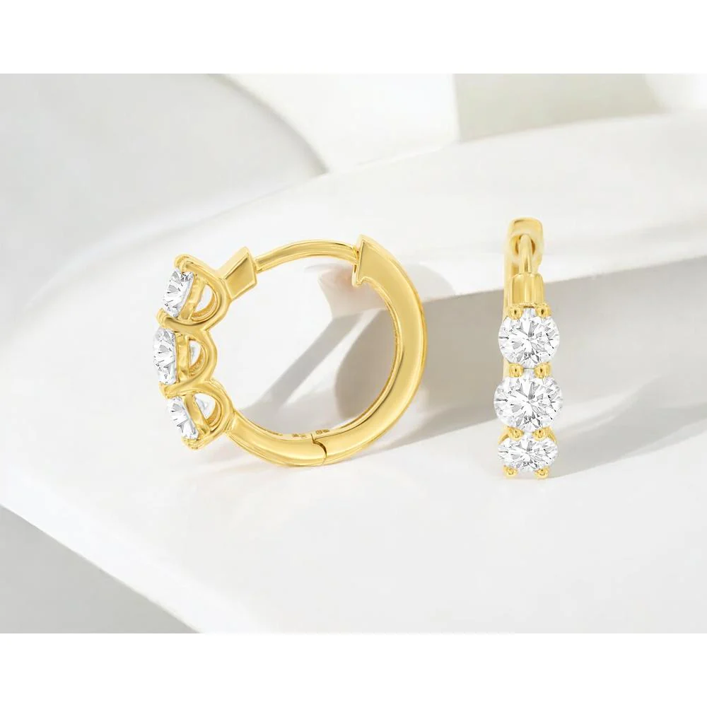 14K Yellow Gold Three-Stone Huggie Hoop Earrings with Round Lab Grown Diamonds - 1.00 Carat Total Weight - Royal Jewelry - Image 2