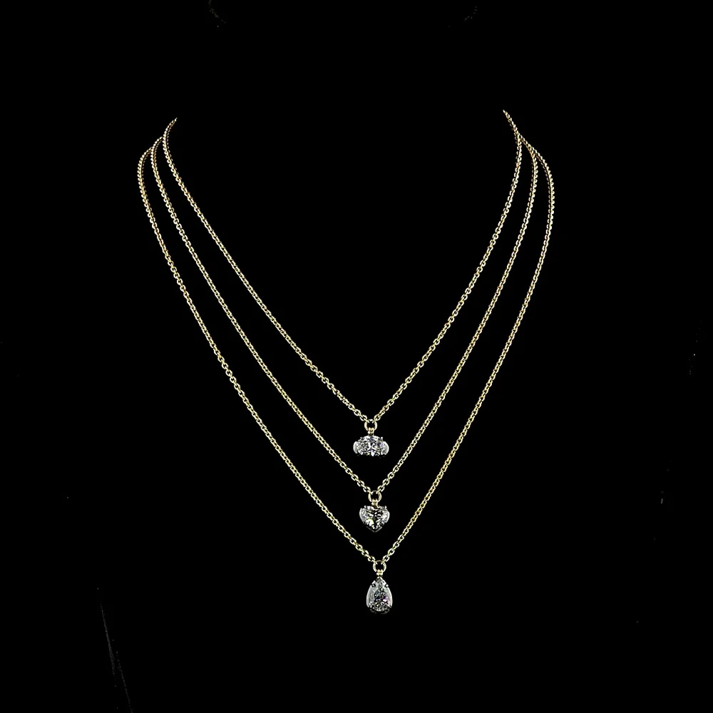 14K Yellow Gold Three-Stone Layered Pendant Necklace with Heart, Oval, and Pear Lab Diamonds - 3.06 Carat Total Weight - Covaloro Fine Jewelry