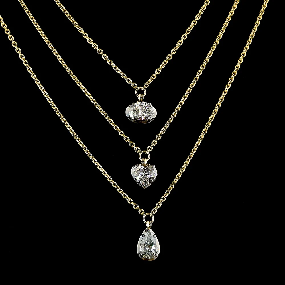 14K Yellow Gold Three-Stone Layered Pendant Necklace with Heart, Oval, and Pear Lab Diamonds - 3.06 Carat Total Weight - Covaloro Fine Jewelry - Image 2