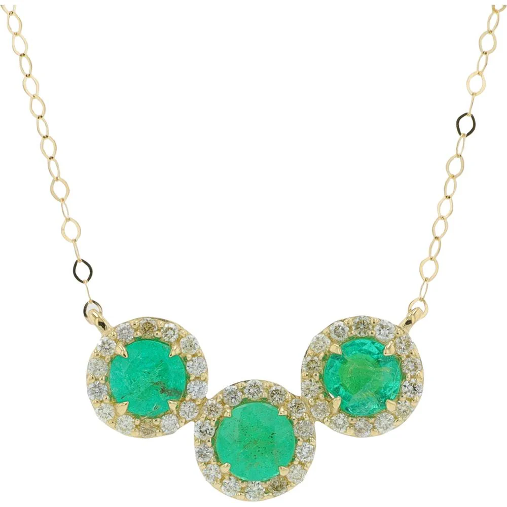 14K Yellow Gold Three Stone Necklace with Emeralds and Diamond Halo - 1.10 Carat Total Gemstone Weight