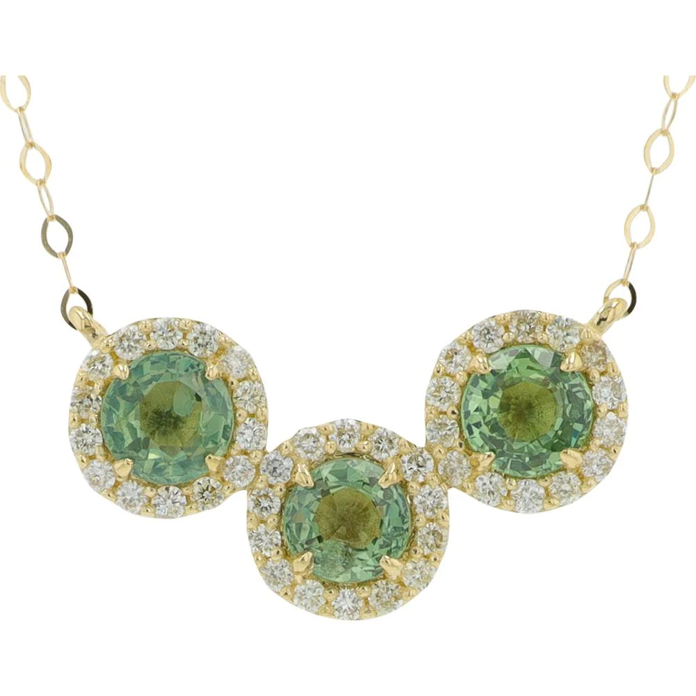 14K Yellow Gold Three Stone Necklace with Prong - Set Green Sapphires and Halo Diamonds - 0.75 - 1.10 Carat Total Sapphire Weight / 0.22 Carat Total Diamond Weight