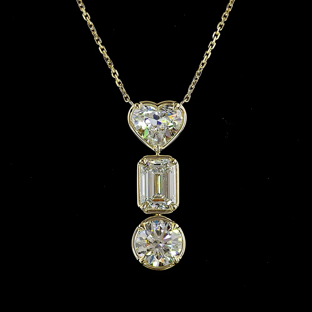 14K Yellow Gold Three-Stone North-South Pendant with Heart, Emerald Cut, and Round Lab Diamonds - 3.03 Total Carat Weight - Covaloro Fine Jewelry - Image 2