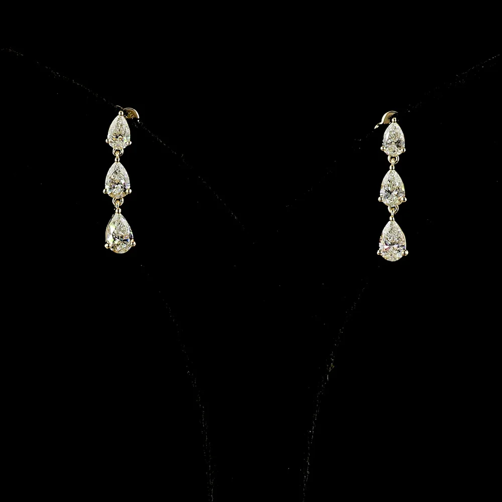 14K Yellow Gold Three-Stone Pear Shape Drop Earrings with Lab-Grown Diamonds - 1.74 Total Carat Weight - Covaloro Fine Jewelry