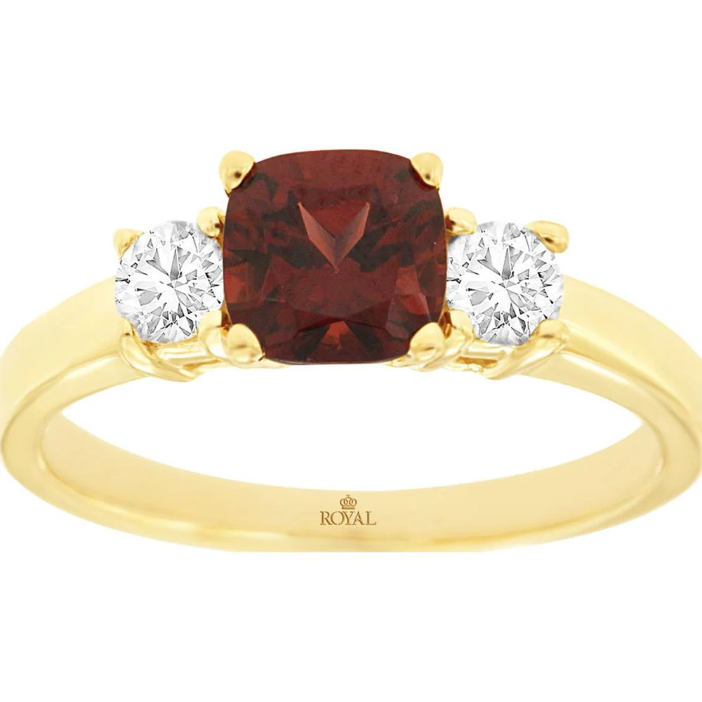 14K Yellow Gold Three-Stone Ring with 1.25 Carat Cushion Cut Garnet and 0.30 Carat Round Diamonds - Royal Jewelry