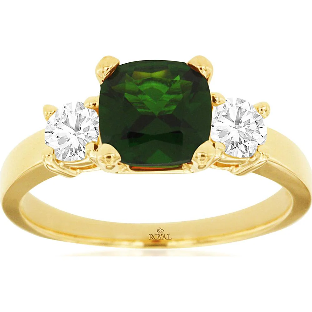 14K Yellow Gold Three-Stone Ring with 1.40 Carat Cushion Cut Russalite and 0.50 Carat Round Diamond Accents - Royal Jewelry