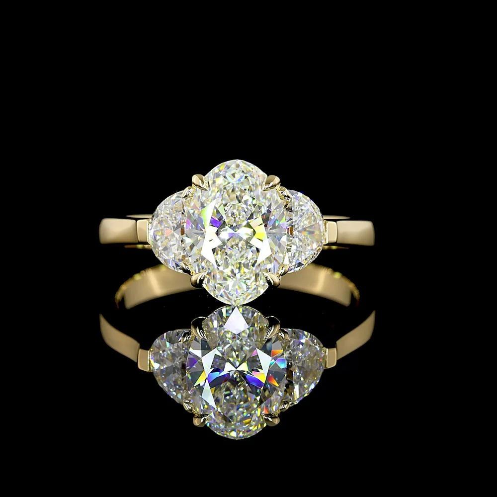 14K Yellow Gold Three Stone Ring with 1.52 Carats Oval Lab Diamond and 0.60 Carats Half-Moon Lab Diamonds - 2.12 Carats Total Diamond Weight - Covaloro Fine Jewelry