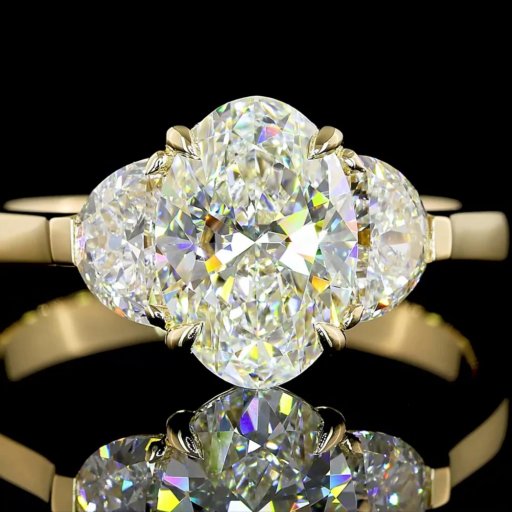 14K Yellow Gold Three Stone Ring with 1.52 Carats Oval Lab Diamond and 0.60 Carats Half-Moon Lab Diamonds - 2.12 Carats Total Diamond Weight - Covaloro Fine Jewelry - Image 2