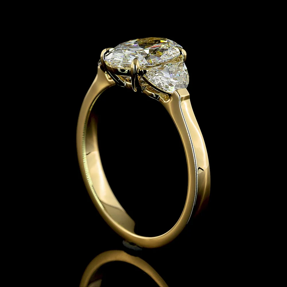 14K Yellow Gold Three Stone Ring with 1.52 Carats Oval Lab Diamond and 0.60 Carats Half-Moon Lab Diamonds - 2.12 Carats Total Diamond Weight - Covaloro Fine Jewelry - Image 3