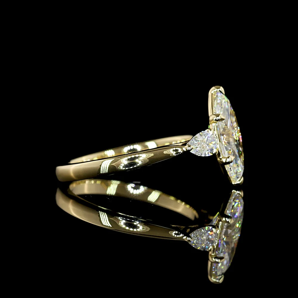 14K Yellow Gold Three-Stone Ring with 1.53 Carat Marquise Cut Lab Diamond and Pear Shape Side Stones - 1.8 Carat Total Diamond Weight - Covaloro Fine Jewelry - Image 2