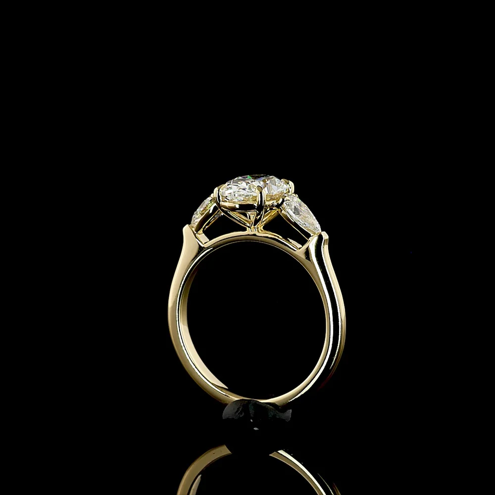 14K Yellow Gold Three Stone Ring with 1.56 Carat Oval Cut Lab Diamond (D VVS2) and 0.49 Carat Pear Shaped Lab Diamonds - 2.05 Carat Total Diamond Weight - Covaloro Fine Jewelry - Image 3