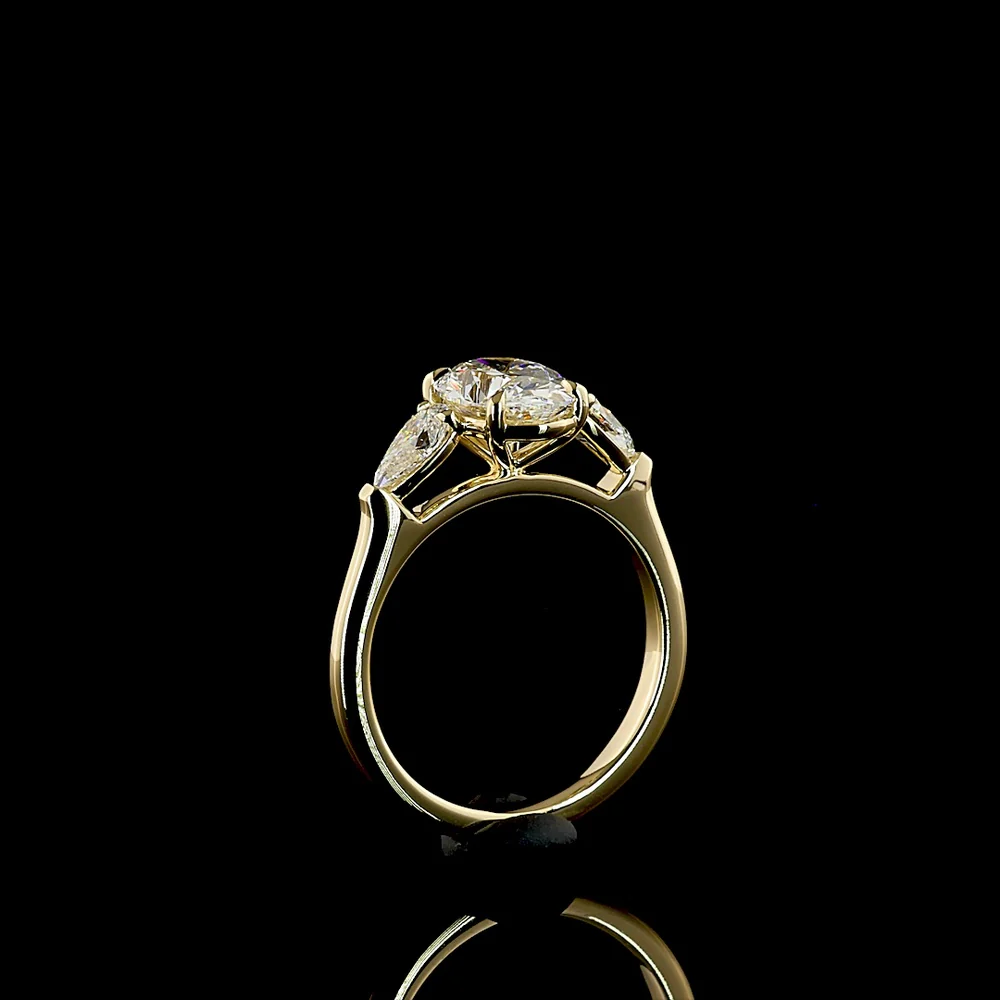 14K Yellow Gold Three Stone Ring with 1.56 Carat Oval Cut Lab Diamond (D VVS2) and 0.49 Carat Pear Shaped Lab Diamonds - 2.05 Carat Total Diamond Weight - Covaloro Fine Jewelry - Image 4