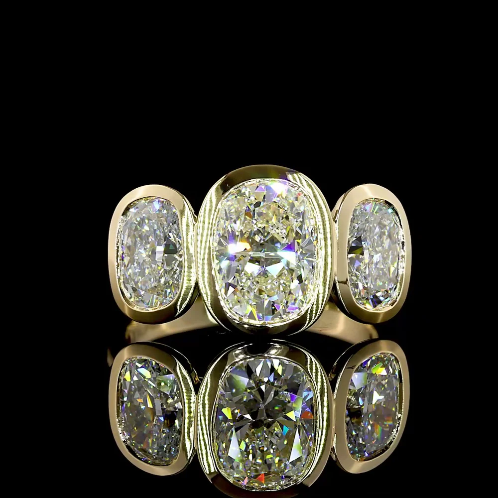 14K Yellow Gold Three Stone Ring with 1.90 Carat Cushion Cut and 2.13 Carat Oval Lab Grown CVD Diamonds - Total 4.04 Carat Weight - Covaloro Fine Jewelry