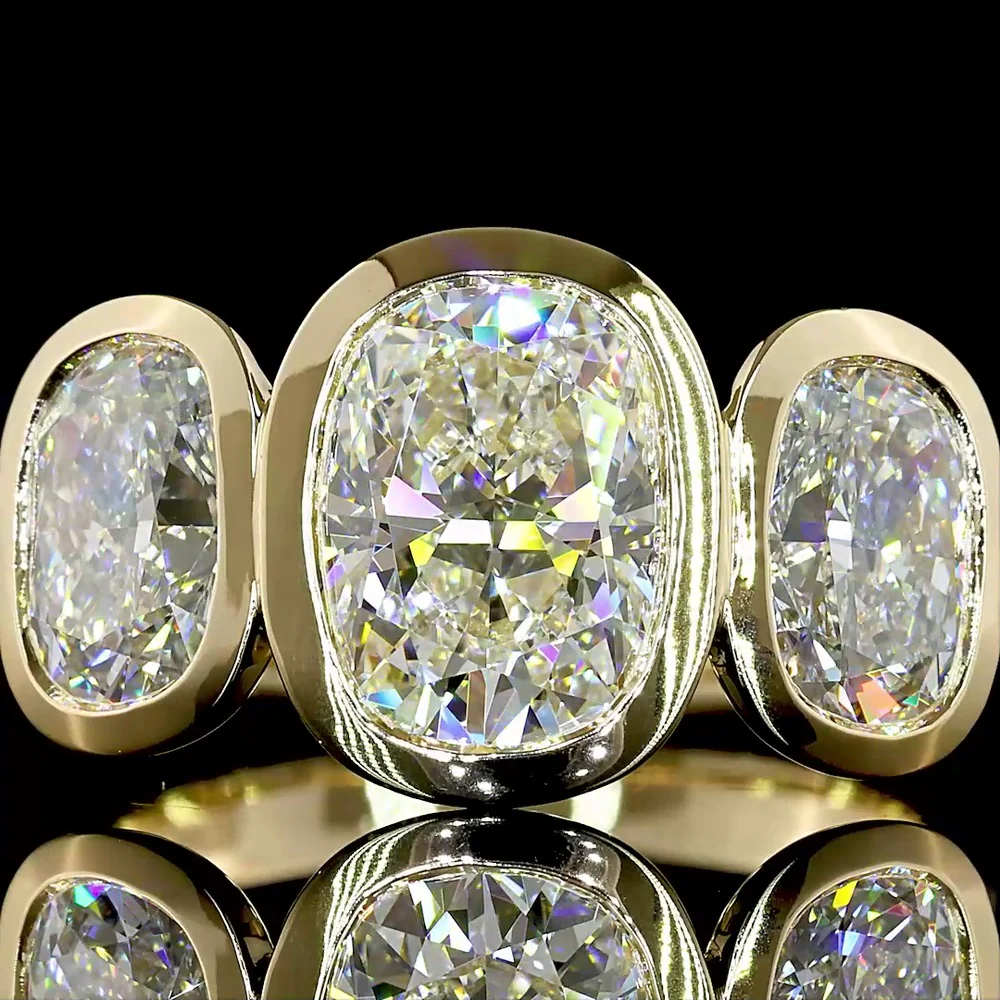 14K Yellow Gold Three Stone Ring with 1.90 Carat Cushion Cut and 2.13 Carat Oval Lab Grown CVD Diamonds - Total 4.04 Carat Weight - Covaloro Fine Jewelry - Image 2
