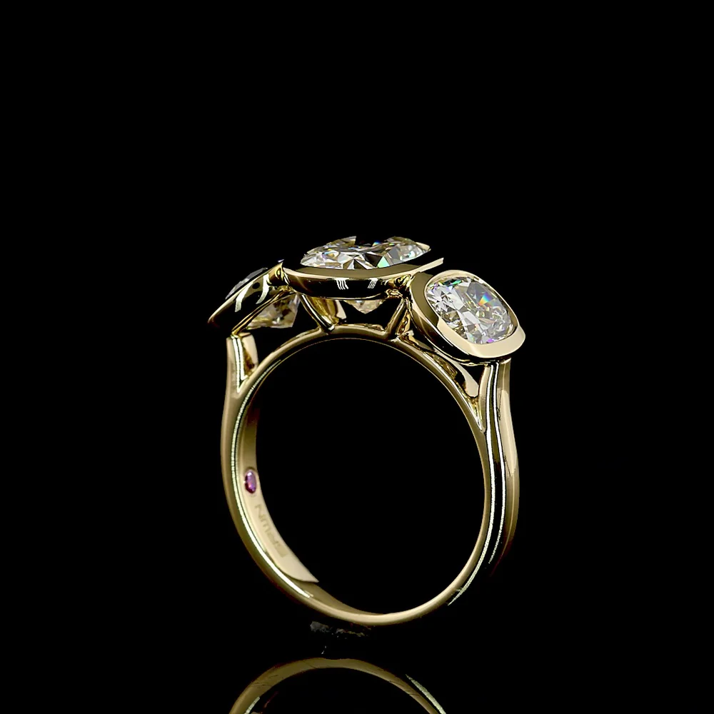 14K Yellow Gold Three Stone Ring with 1.90 Carat Cushion Cut and 2.13 Carat Oval Lab Grown CVD Diamonds - Total 4.04 Carat Weight - Covaloro Fine Jewelry - Image 3