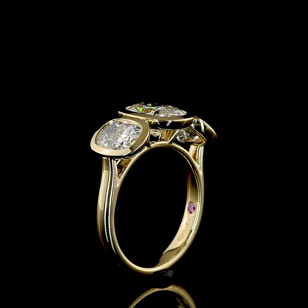 14K Yellow Gold Three Stone Ring with 1.90 Carat Cushion Cut and 2.13 Carat Oval Lab Grown CVD Diamonds - Total 4.04 Carat Weight - Covaloro Fine Jewelry - Image 4