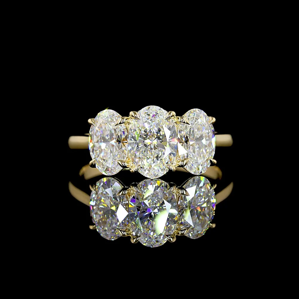 14K Yellow Gold Three Stone Ring with 2.05 Carats Oval Cut Lab Diamond and 0.94 Carats Half-Moon Lab Diamonds - 2.99 Carats Total Diamond Weight - Covaloro Fine Jewelry