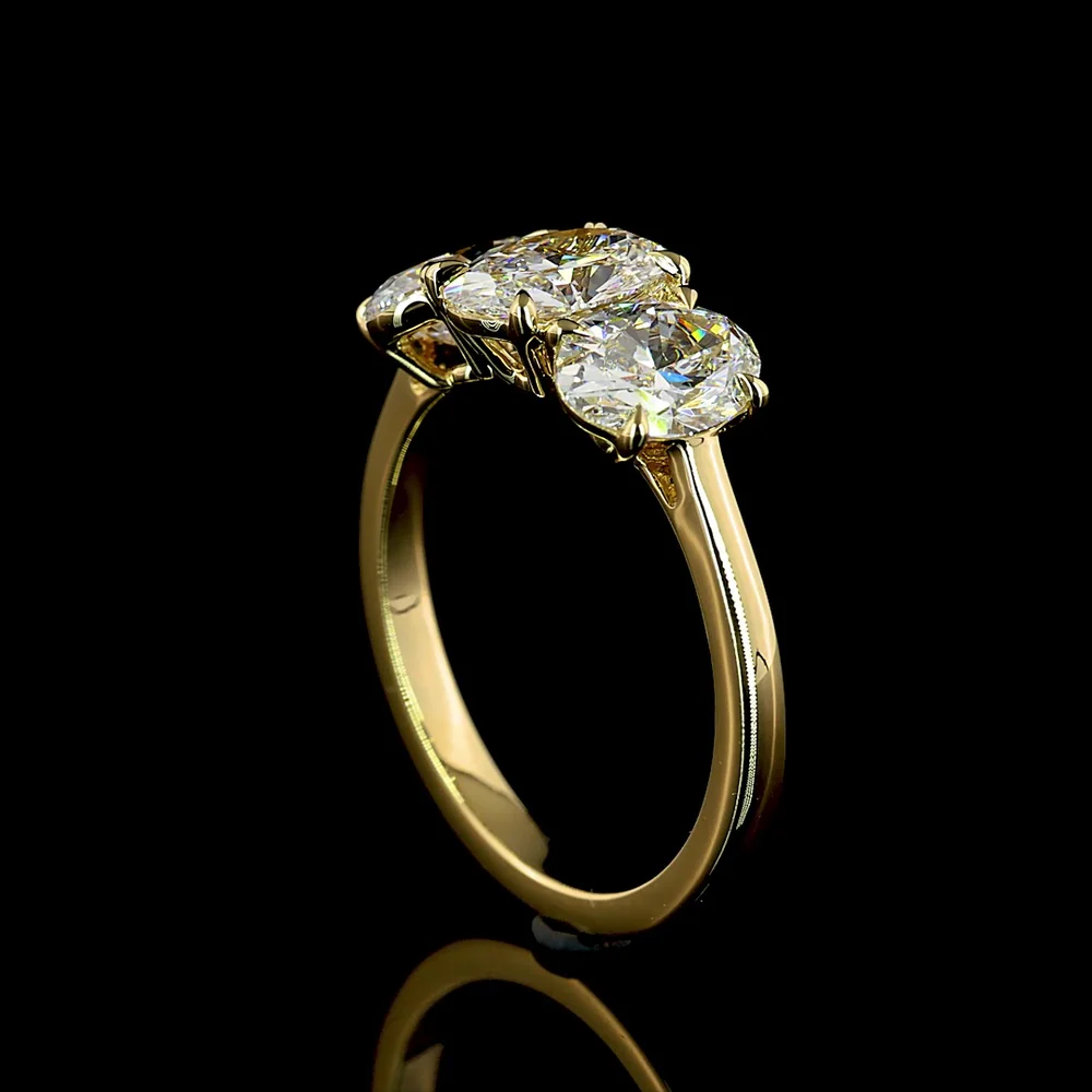 14K Yellow Gold Three Stone Ring with 2.05 Carats Oval Cut Lab Diamond and 0.94 Carats Half-Moon Lab Diamonds - 2.99 Carats Total Diamond Weight - Covaloro Fine Jewelry - Image 2