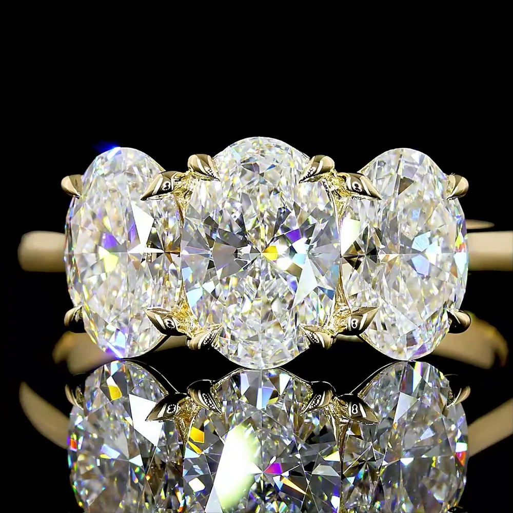 14K Yellow Gold Three Stone Ring with 2.05 Carats Oval Cut Lab Diamond and 0.94 Carats Half-Moon Lab Diamonds - 2.99 Carats Total Diamond Weight - Covaloro Fine Jewelry - Image 3