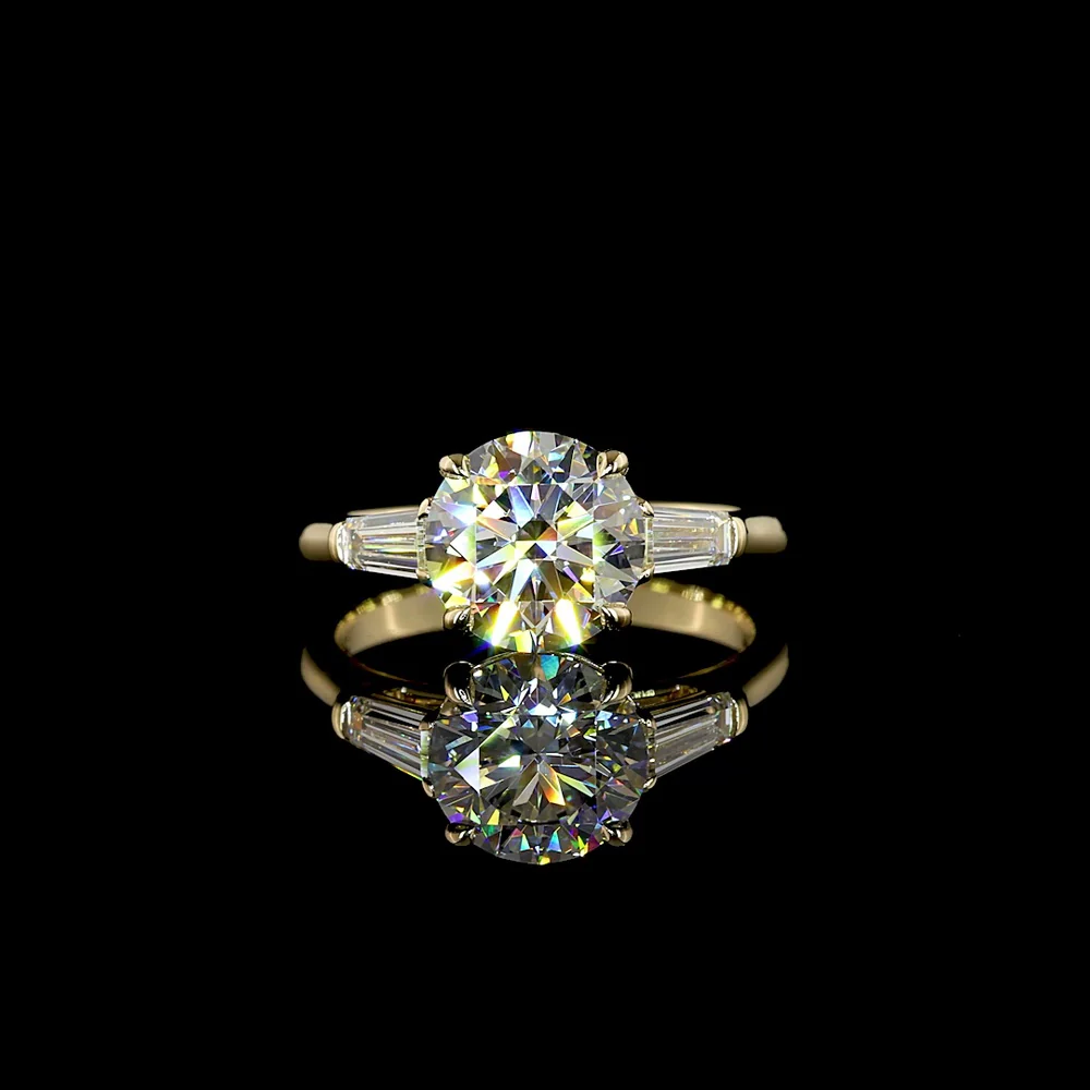 14K Yellow Gold Three-Stone Ring with 2.52 Carat Round Brilliant Lab Diamond and 0.54 Carat Tapered Baguette Side Stones - 3.06 Carats Total Diamond Weight - Covaloro Fine Jewelry